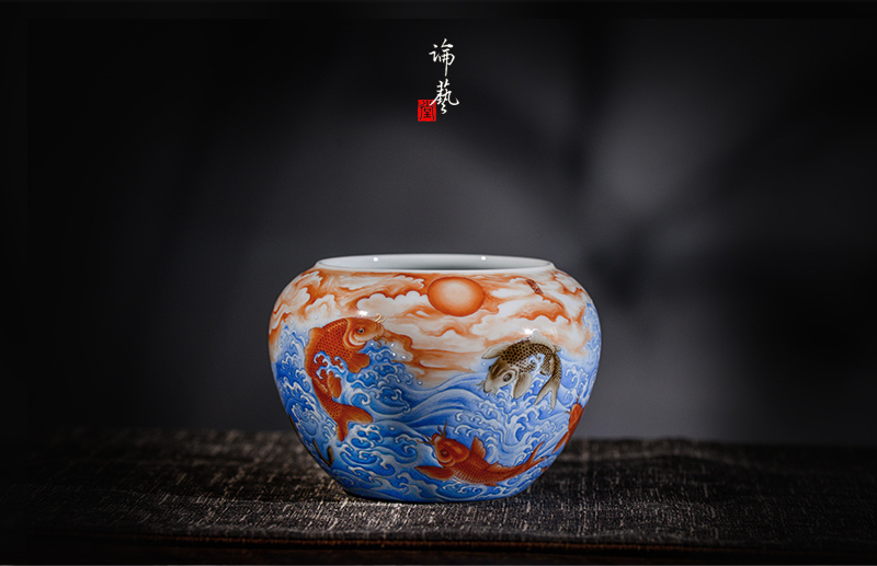 礬紅琺瑯《魚躍龍門》水洗