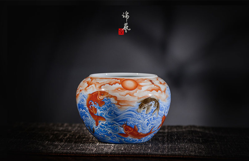 礬紅琺瑯《魚躍龍門》水洗
