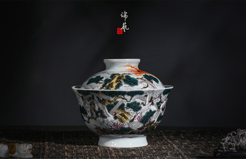 粉彩《松鶴同春》蓋碗